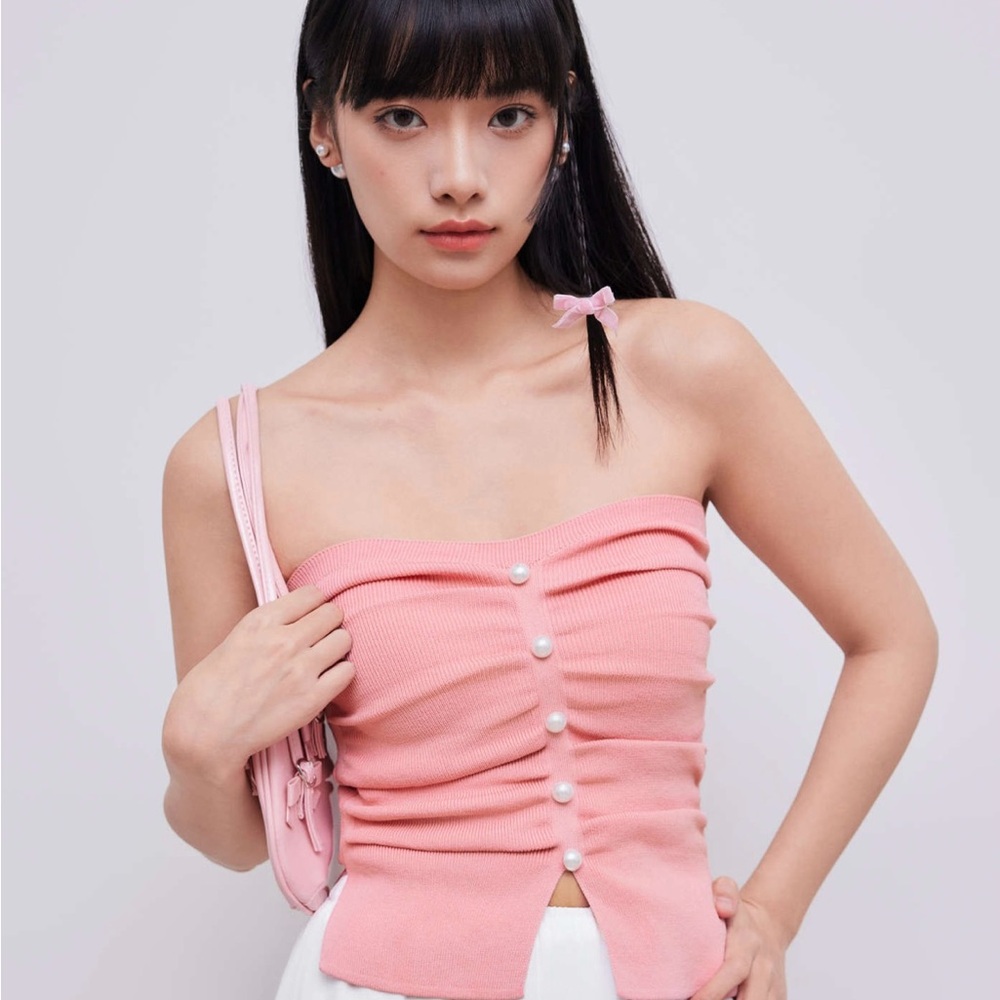 Pink Strapless Top with Pearl Buttons
